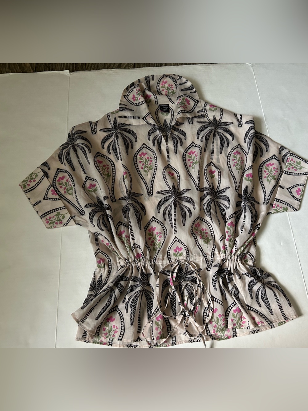 Lulusar Women Cream Blouse with Black Trim and Pink Floral Accents used size S.